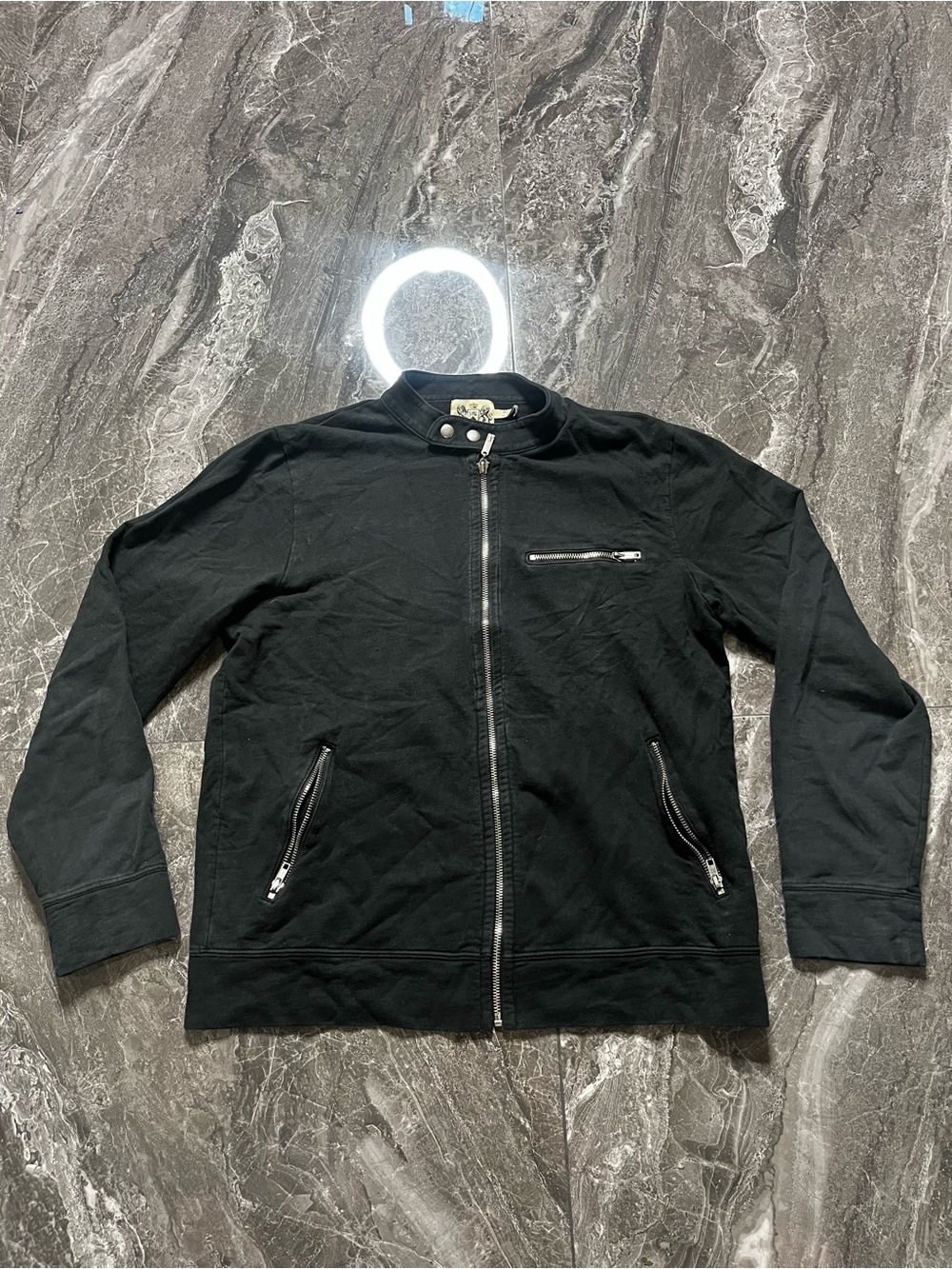 Vtg Juicy Couture Men L Track Jacket Black Biker Moto Full Zip Embroidered Crest